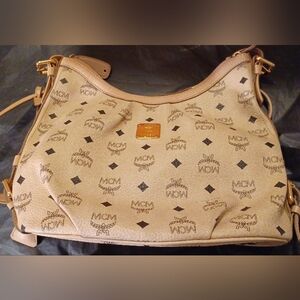 MCM Cream Logo Shoulder Bag With Gold Hardware